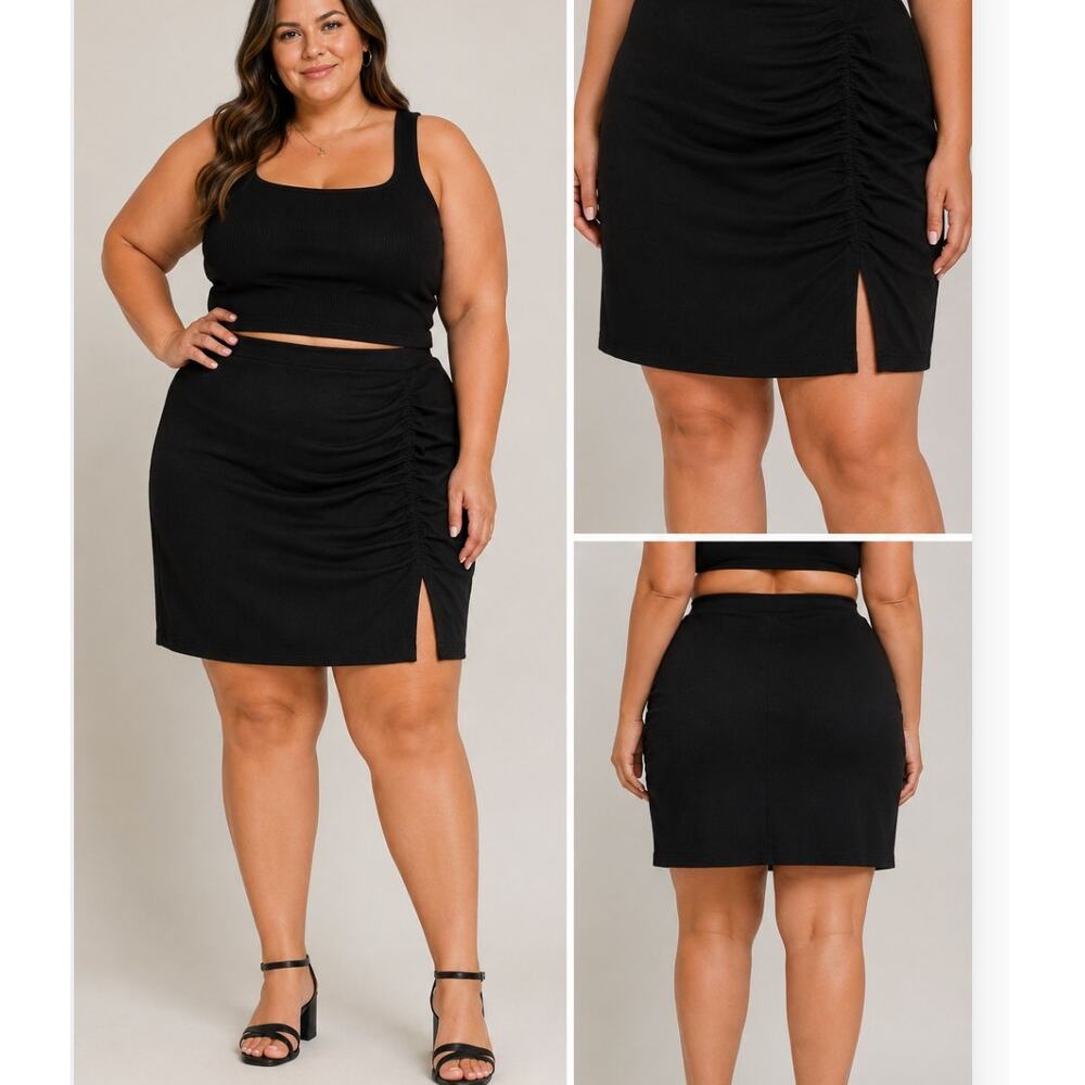 Socialite Black Ruched Mini Skirt Side Slit Stretch Bodycon Size 2X